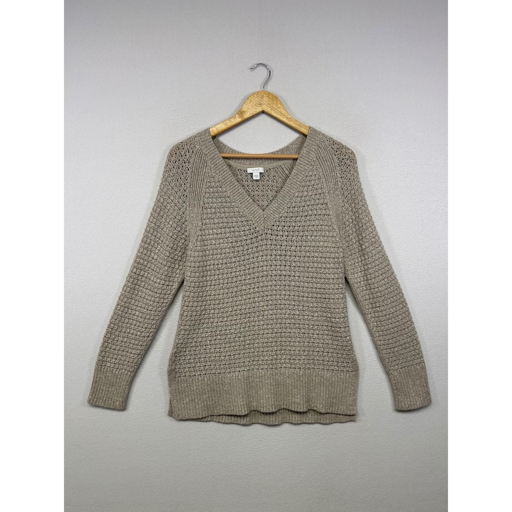 Coastal Grandma Pure Jill J. Jill Women Med Beige V-Neck Textured Knit Sweater‎